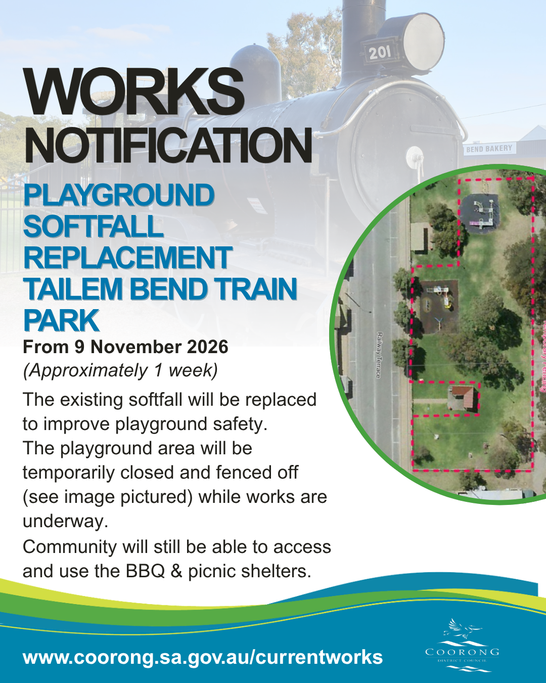 Works Notification - Tailem Bend train Park softfall replacement - Nov 2026