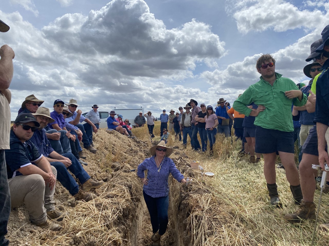 Dr Mel Fraser of PIRSA discussion limitations to plant growth in the soil pit at Bordertown Dr Mel Fraser of PIRSA discussion limitations to plant growth in the soil pit at Bordertown