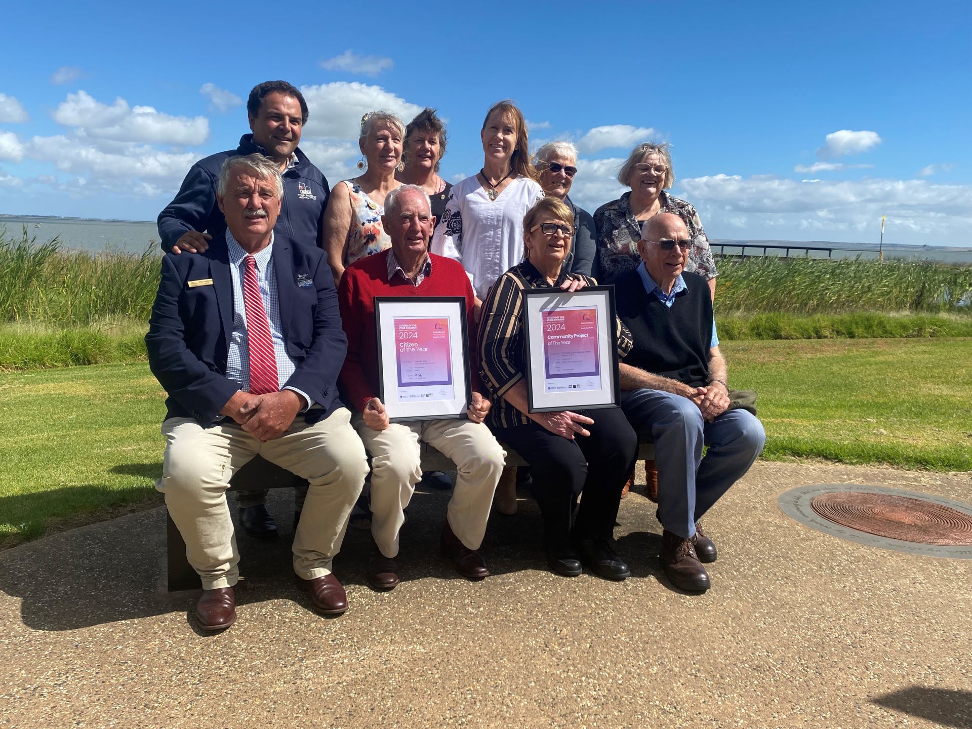 2024 Meningie - Community Project of the Year: Coorong Conversations Matter Group and Citizen of the Year Malcolm Day with Tony Pasin MP & Mayor Simmons